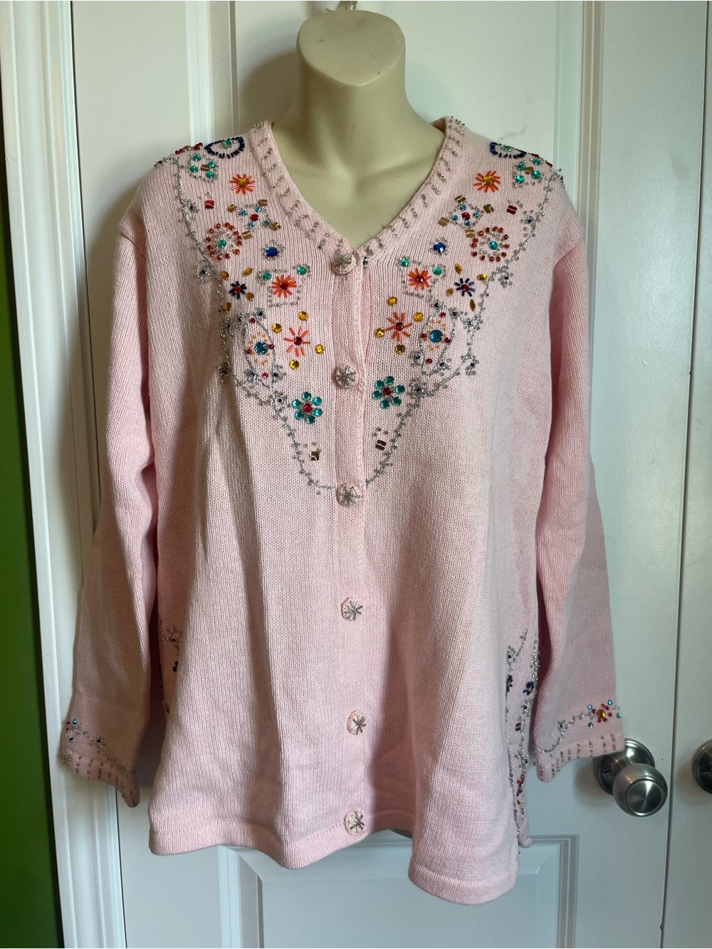 Storybook Knits Pastel Pink Vintage Cardigan Embroidered and Beaded/Sequin Med
